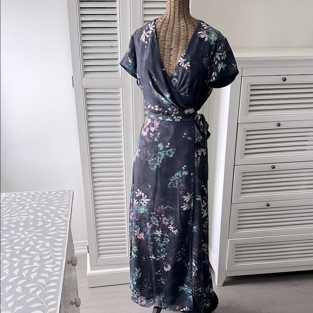 Babaton XS Floral Wrap Dress in Charcoal/Pink/Blue/Green - Picture 1 of 8